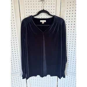 Christopher & Banks Navy Blue Shirred Pullover Velvet Blouse Top Medium V Neck